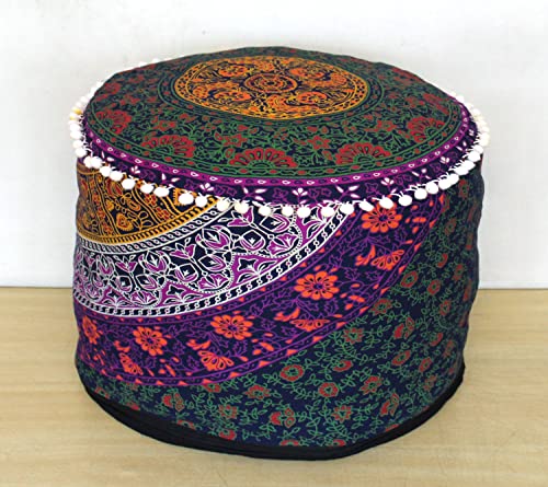 CRAFT KALA Funda de cojín redonda con diseño de mandala, para asiento, hippie, bohemio, otomano, pufs con pompones, fundas de almohada de algodón, para sala de estar, yoga, decoración del hogar, 50 x
