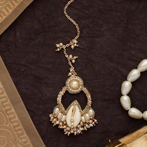 Image of Traditional Cowrie Shell & Pearl Maang Tikka for Haldi Ceremony | Gold-Tone Kundan Beaded Indian Ethnic Maatha Patti with Shell & Pearl Drops | Mehndi Sangeet Wedding Head Jewellery for Women & Girls