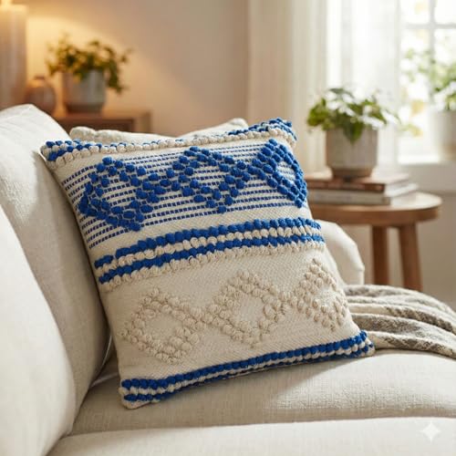 TreeWool Housse de Coussin Décorative Tissée en Coton à Motif Losanges Bohème, pour Canapé et Salon (45x45cm, Bleu, Lot de 1)