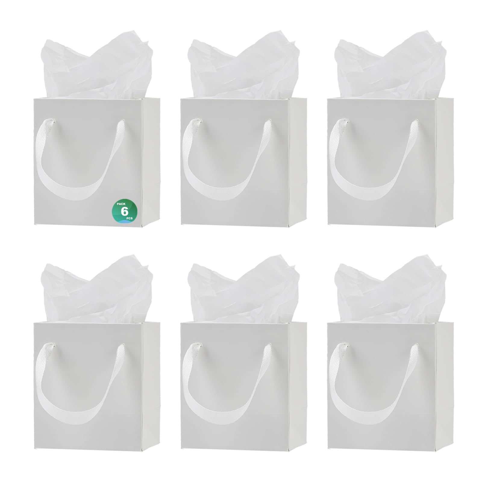 Aosric White Gift Bags with Tissue Paper, 6 Pack 10x7x11.4 cm Reusable Goodie Bags for Christmas, Halloween, Wedding, Baby Shower, Birthday Party Favor, Return Gifts