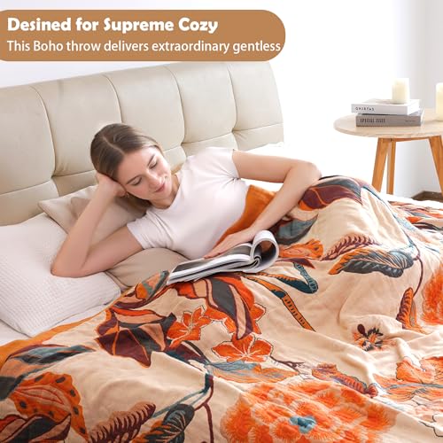 Boho Large Throw Blanket, 100% Organic Cotton Breathable Soft Bed Throw - Floral Bird Farmhouse Decor Blanket for Sofa Couch Chair Quilt and Gift. 91" x 98"- Beige