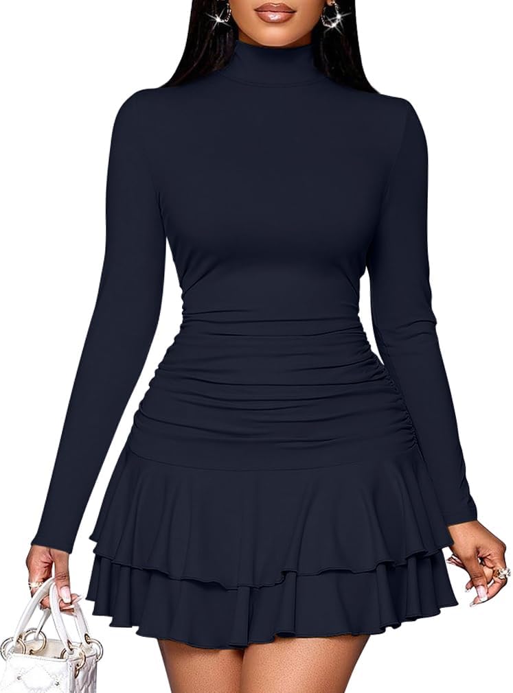 LAGSHIAN Women's High Neck Ruffle Hem Mini Dress Long Sleeve Ruched Short Club Party Dresses