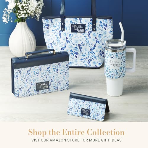 Image of Christian Art Gifts Extra Large Double Wall Stainless Steel Insulated Travel Tumbler for Women: Trust in the Lord Uplifting Scripture, Twist Dial Lid, Reusable Straw & Tip, White & Blue Floral, 40 oz
