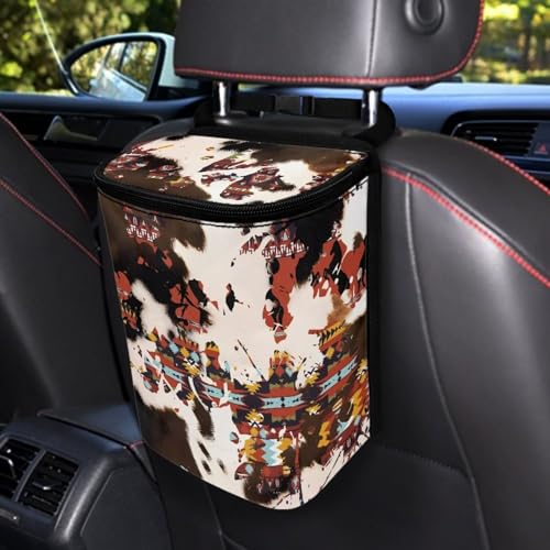 Image of Southwestern Aztec Cow Brown Car Trash Can Garbage Bin Leak Proof Waste Basket Bin with Lid,Portable Camping Garbage Container Fit Most Vehicle