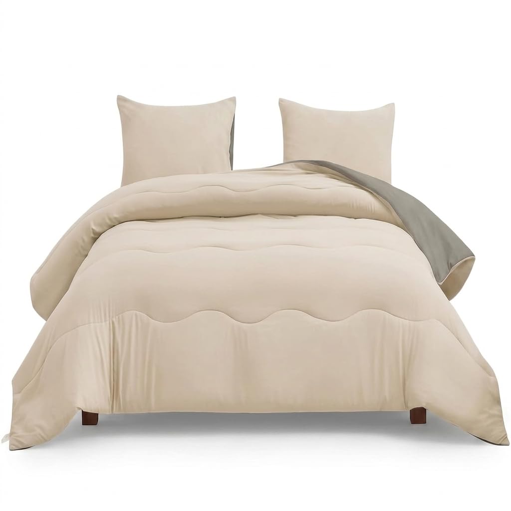 Okeio 3 Pieces Reversible Coverless Duvet 10.5 Tog - OEKO-TEX Certified - Polyester Duvet with Corner Tabs Down Alternative Comforter with Pillowcase - Machine Washable (Natural, Single)