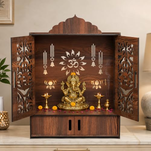 Image of The Castle Decor Wooden Mandir for Home, Wall Hanging & Tabletop Pooja Temple with Double Doors, Om & Lotus Cutwork, Storage Cabinet, Dark Walnut MDF for Pooja Room, 10.6 x 20 x 16.7 Inch (Design-2)