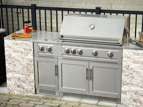 NewAge Products Outdoor Kitchen Signature Series 6 Piece Cabinet Set with Kamado Cabinet, Stainless Steel Countertop, Ivory Travertine, 69695