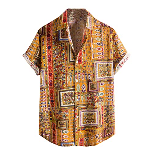 Chemise coton et lin jaune XL respirante et légère à motif hawaïen pour homme