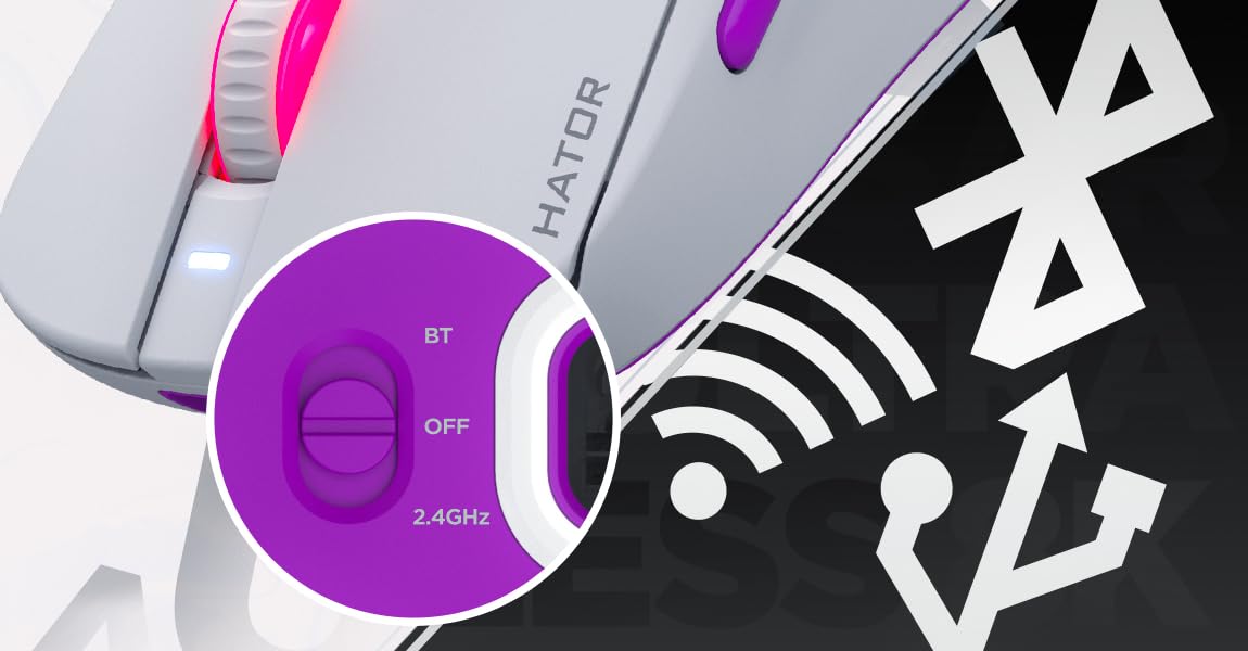 HATOR Quasar 3 Ultra 8K Wireless Ratón Gaming inalámbrico, 65g Ultraligero, PixArt PAW3950, 30000 dpi, Optical Switches 100M, 8000Hz, 2.4GHz/Bluetooth 5.4/USB-C, PTFE Skates, RGB, PC/Mac (Negro)