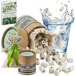 Agua Purificada Agua Viva Aimez La Nature 35 perlas de cerámica EM® con un bonito paquete ecológico y bolsa de algodón certificado biológico, purificador natural de agua Robinet, filtro de agua para jarra hervidor