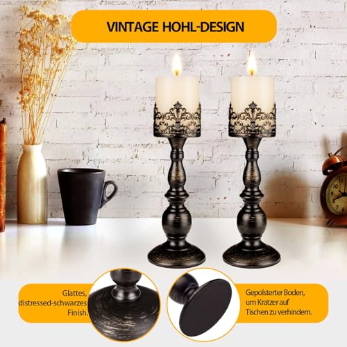 Kerzenhalter für Stumpenkerzen, Gothic, Mattschwarz, Vintage-Kerzenhalter, 2 Stück, dekorativ, groß, Tafelaufsätze, Kerzenständer, Dekoration (Used-Look, Schwarz, 2 Stück A) – Bild 4