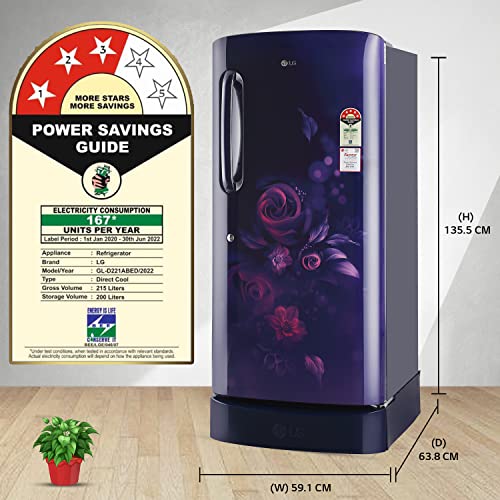 Image of LG 215 L 3 Star Direct-Cool Single Door Refrigerator (GL-D221ABED, Blue Euphoria, Base stand with drawer & Fast Ice Making, 2022 Model)