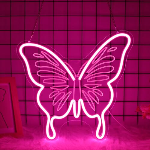 Image of Butterfly Neon Sign, JGHTURIE Pink Neon Signs for Wall Decor Engraved LED Light Up Sign Room Decor for Club Party Bar Signs Decoration USB Powered