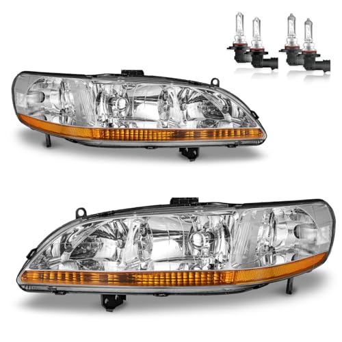 KarSpareHub Headlights Assembly for 1998-2002 Honda Accord 2/4DR Headlamp Replacement Chrome Housing Amber Reflector Driver & Passenger Side