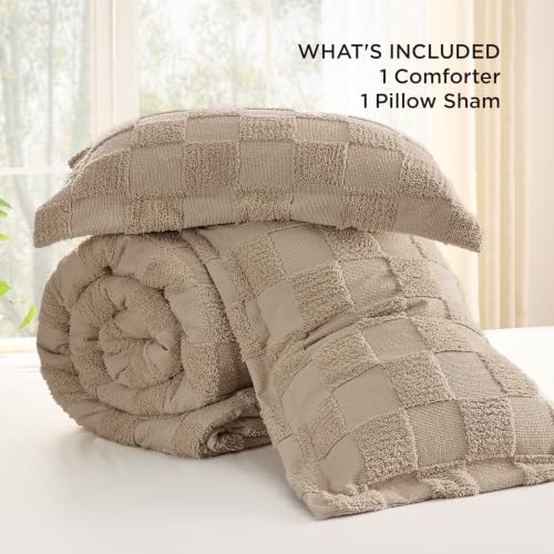 Image of Bedsure Twin /Twin XL Size Comforter Set Khaki, Boho Tufted Bed Set, Checkered Farmhouse-Style Distressed Vintage Bedding, 2 Pieces, 1 Plaid Geometric Comforter and 1 Pillow Sham