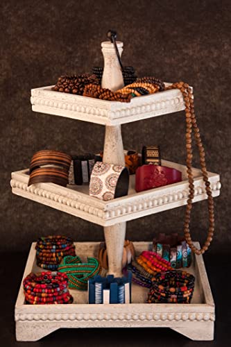 Kefo Three Tiered Beaded Tray Decor Stand - 12 X 18 Inch Large White Wooden 3 Tiered Tray Stand - Decorative Rustic Distressed 3 Tier Tray Decor Table Centerpiece - Tiered Serving Tray For Home Decor #TOP2
