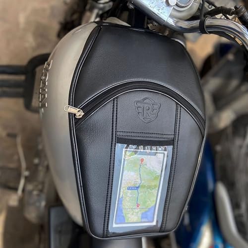 Image of Leatherette Scratch Protection Bike Tank Cover | Storage Bags | Compatible for Classic 350 /500 /Electra /Bullet | Comes with Transparent Pocket for Mobile - Black