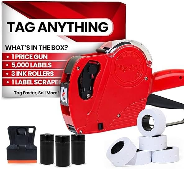 Easy Tag Pistola de precios, pistola de precios 5500EOS de 8 dígitos con 5,000 calcomanías de etiqueta blanca, 3 rodillos de tinta, 1 raspador,