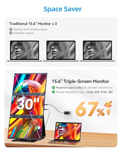 Image of 15.6 inch Quad Laptop Screen Extender,FHD 1080P Double Portable Monitor with 30 inch Combined Display(Landscape /Portrait),One-Cable Connection and Driver Required,Compatible with Wins & Mac(M1 /M2 / M3 /M4 /M5)