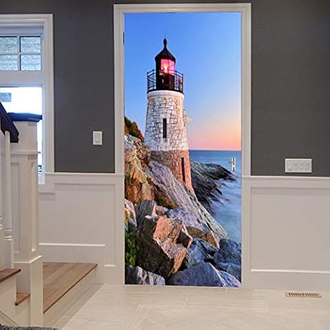 A.Monamour 3D Door Stickers for Interior Doors Brick Lighthouse Ocean Waves Stone Rocks Contemporary Art Decor Vinyl Waterproof Self Adhesive Door Mural Decals Cover