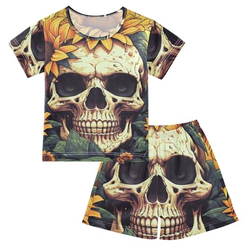 ALAZA Vintage Cactus Sunflower Skull Pajama Set Short Sleeve Sleepwear Soft Lounge Nightwear