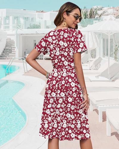 Image of WNEEDU Women V Neck Button Down Empire Waist Midi Summer Dress with Pockets