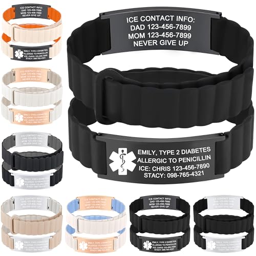 Comfortable Custom Medical Alert Bracelets for Women Men, Personalized Engraved Medical Bracelet with Adjustable Magnetic Silicone Strap, Waterproof Diabetic Wristband Id Bracelets for Sports