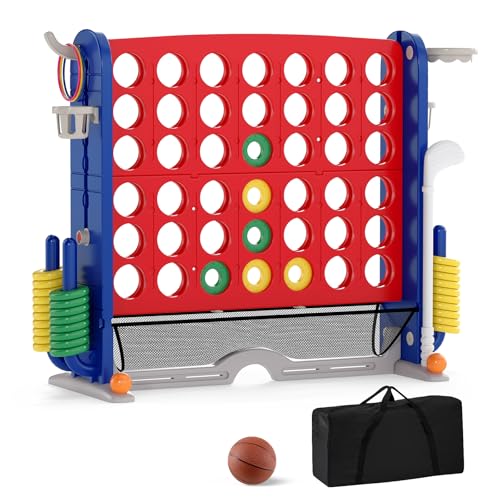 COSTWAY 4 in 1 Forza 4 Gigante, Set di Gioco 4 in Fila con Lancio degli Anelli, Canestro da Basket, Palla, Mazza da Golf, Porta Bicchieri, Borsa e Tasca a Rete, Forza 4 Regolabile in Altezza (Rosso)