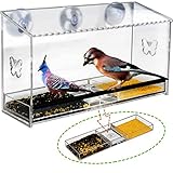 Large Window Bird Feeder, (12X7.2X4.0 inch 2 lb)Homono Acrylic Clear See - Through Wild Birds House with Removable Foods and Water Tray, Drain Holes, Butterfly Carving and 3 Suction Cups