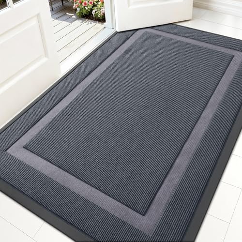Image of OLANLY Front Door Mat Indoor Outdoor Entrance, Waterproof All-Season, All-Weather Doormat, Sturdy Natural Rubber, Fade Resistant, Low Profile, Easy Clean Patio Porch Entryway Mat, 59x34, Light Grey