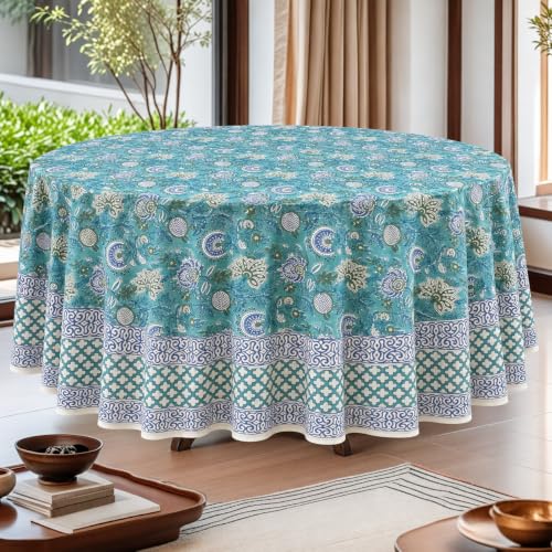 Ridhi Block Print Round Tablecloth Turquoise & Steel Blue 110 Inch Cotton