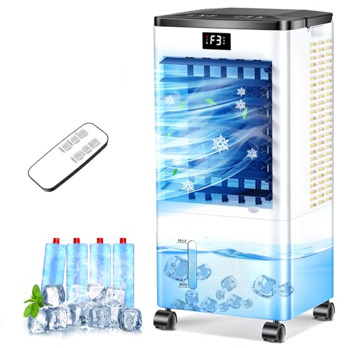 Climatiseur Mobile Silencieux, Refroidisseur d'air Climatiseur Portable Ventilateur Humidificateur, 12H Minuterie, 3 Vitesses, Télécommande, Économie d'énergie pour Chambre Maison Bureau (Blanc)