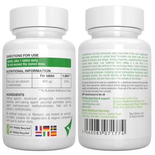 Igennus Reines Methylfolat 400 mcg – 180 Tabletten (6 Monate) – Vitamin B9 Folat (667 mcg DFE), MTHFR-geeignet, laborgeprüft, vegan & hypoallergen
