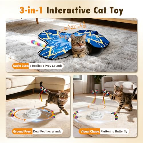 Interactive Cat Toys for Indoor Cats, 3-in-1 Hide and Seek Cat Toy with Fluttering Butterfly & Moving Concealed Feathers, 3 Prey Sounds, Rechargeable Auto Play Mat for Bored Adult Cats/Kittens (Blue) by Paleclouds - Image 2