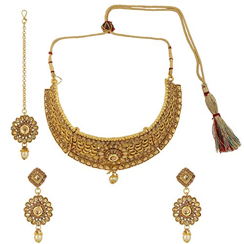 Efulgenz Indian Bollywood Traditional 14 K Gold Plated Kundan Pearl Wedding Choker Necklace Earrings Maangtikka Jewelry Set