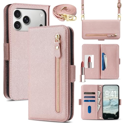 Étui en cuir iPhone Air or rose chic avec miroir et bandoulière élégante