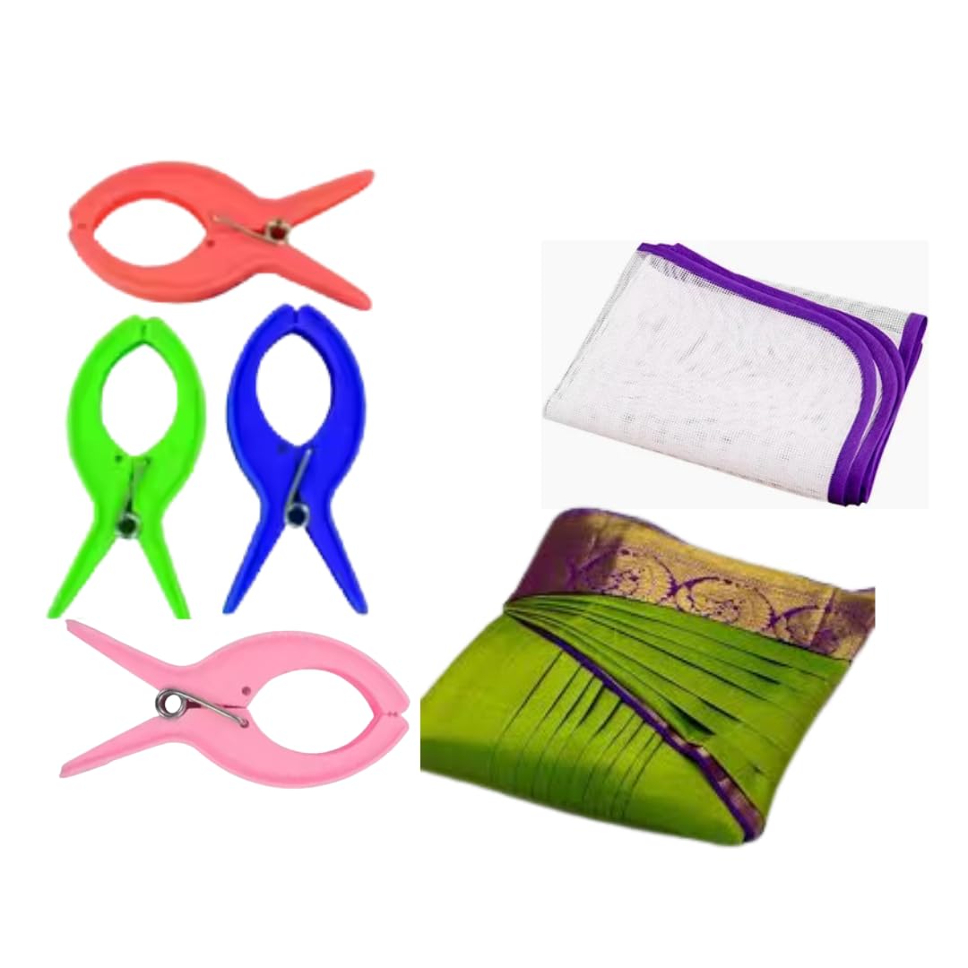 saree pre-pleating clips set with ironing mat, multicolour plastic spring-loaded clips, 7 cm large size, 4 clips with heat-resistant mesh mat