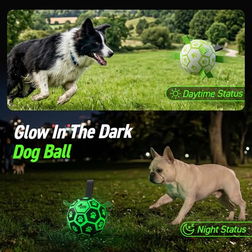 Image of QDAN Glow in The Dark Dog Toys Soccer Ball with Straps, Outdoor Interactive Dog Toys Puppy Birthday Gifts, Dog Tug Water Toy, Light Up Dog Balls for Small & Medium Dogs(6 Inch Size 2) | Light Up Dog Balls for Small & Medium Dogs, 20-40 lbs Dogs Balls, Interactive Water Toy, 6 Inch, Herding Ball Small Dogs