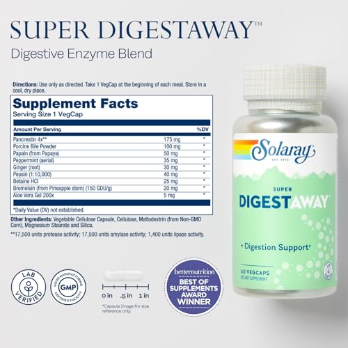 Image of SOLARAY Super Digestaway Digestive Enzymes - Pancreatin, Papain, Ginger, Pepsin, Betaine HCl, Aloe Vera, and More - Digestion & Nutrient Absorption Support - Lab Verified - 60 VegCaps