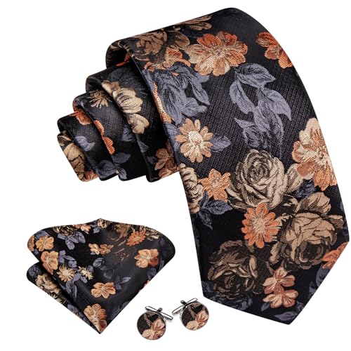 Image of Barry.Wang Flower Ties for Men Silk Woven Floral Tie Sets Necktie Handkerchief Cufflinks Wedding Party