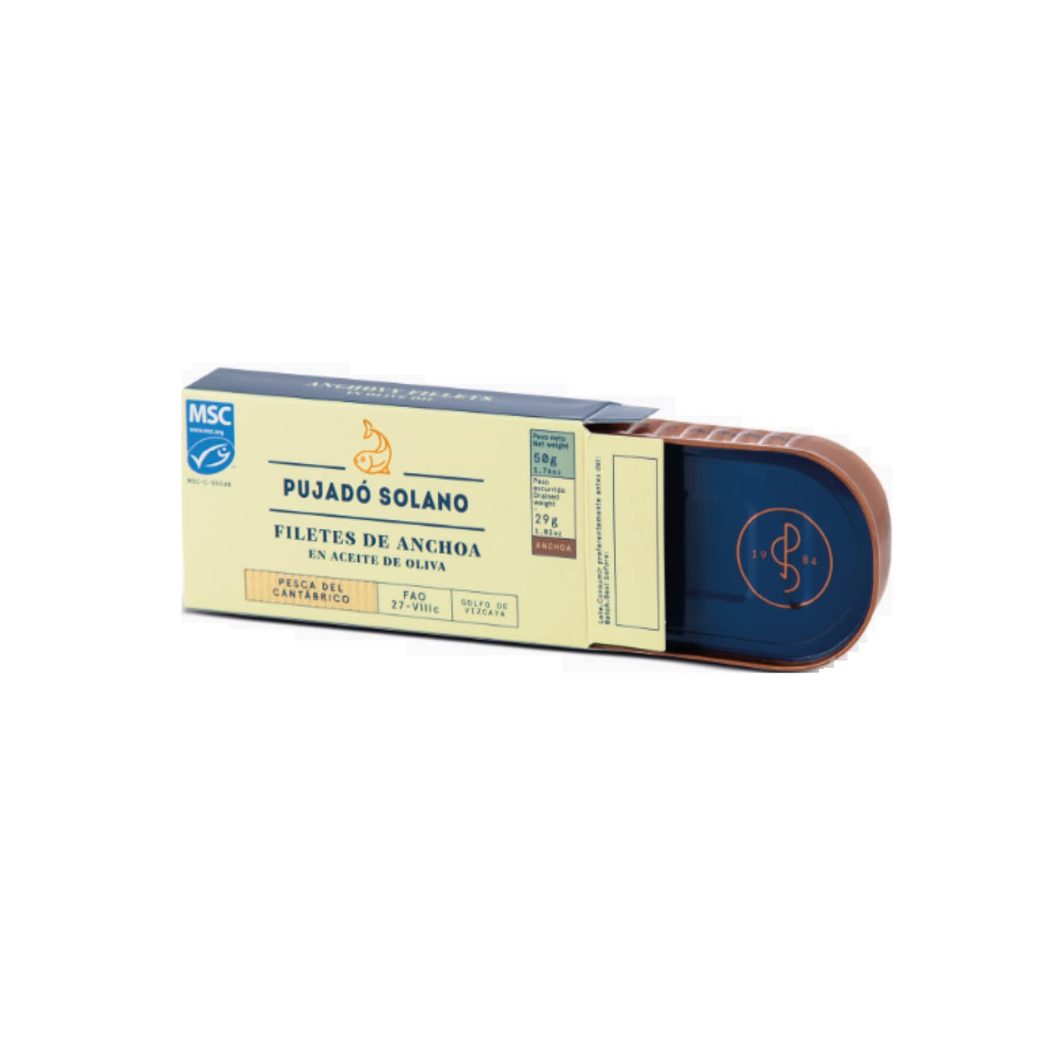 Pujado Solano | Filetti di Acciughe del Cantabrico in olio di oliva | Acciughe del Mar Cantabrico lavorate a mano | Acciughe Cantabrico set da 1 da 50g