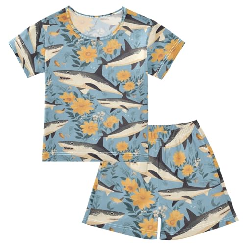ALAZA Sharks and Sunflowers Pajama Set Short Sleeve Sleepwear Soft Lounge Nightwear