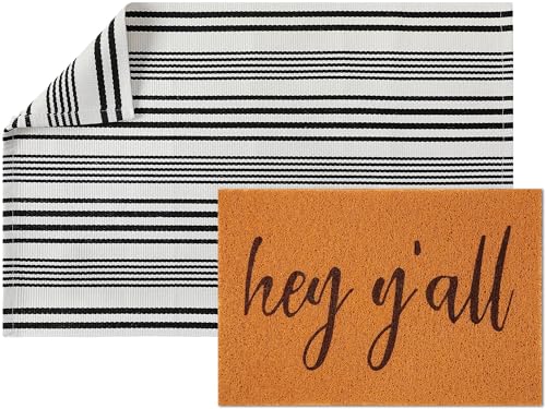 Maasechs 2 Pcs Hey Y'all Doormat 24'' x 35'' Black White Stripes Outdoor Rug and 24'' x 16'' Coir Doormat Welcome Mat Non Slip Floor Mat for Outside Entrance Front Porch(Hey Y'all)