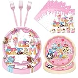 Lovarywow Ice Cream Party Decorations - 96PCS Ice Cream Birthday Party Decorations Plates Napkins Forks Disposable Tableware Set Sweet Candy Summer Themed Baby Shower Birthday Supplies Decor Serve 24