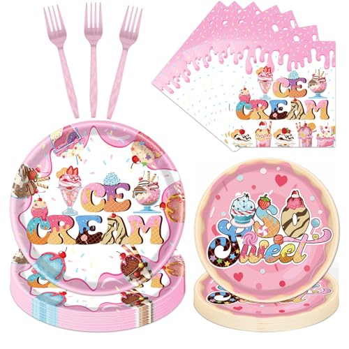 Lovarywow Ice Cream Party Decorations - 96PCS Ice Cream Birthday Party Decorations Plates Napkins Forks Disposable Tableware Set Sweet Candy Summer Themed Baby Shower Birthday Supplies Decor Serve 24
