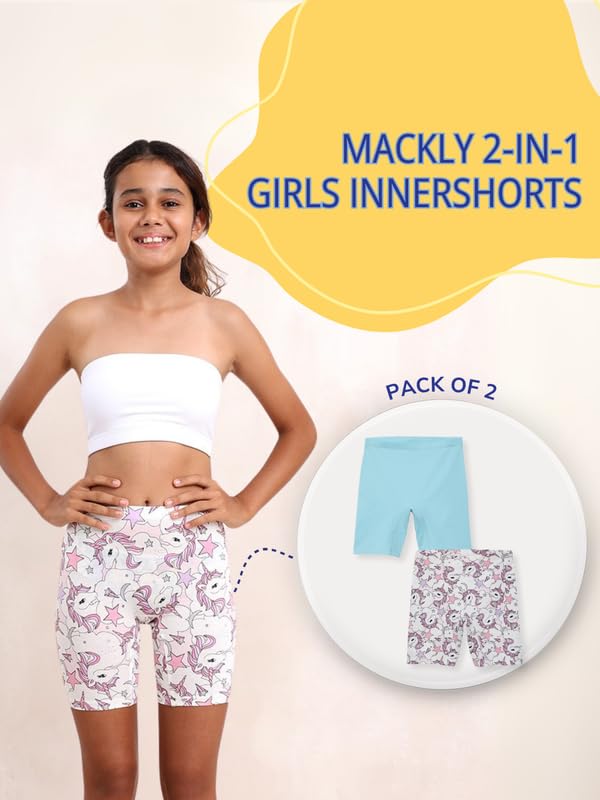 Image of mackly Girls Inner Shorts (Pack of 2) | 2-in-1 Seamless Panty Shorts with Gusset | Soft Breathable Base Layer for Dresses, Skirts