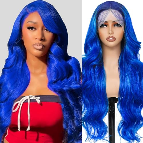 Blue Lace Front Wig Human Hair Pre Plucked Blue Body Wave 200 Density 13X4 HD Lace Front Wigs Human Hair Blue Wig Human Hair Color Lace Frontal Wigs for Women 24 Inch