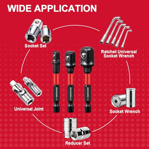 Image of Geinxurn 6Pcs Impact Socket Adapter Set,1 /4 inch 3 /8 inch and 1 /2 inch Drive, (3 inch and 6 inch) Extension Bit with Holder, Adapt Your Power Drill to High Torque Impact Wrench
