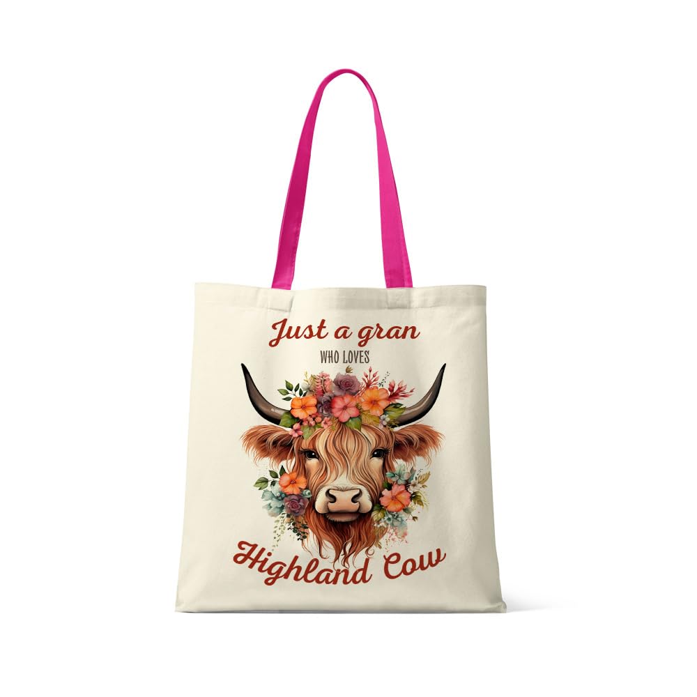 Getagift Just a Gran Who Loves Highland Cows – A Perfect Mother’s Day Tribute, Reusable Bag, Shopping Tote Bag. (Fuchsia Handle)