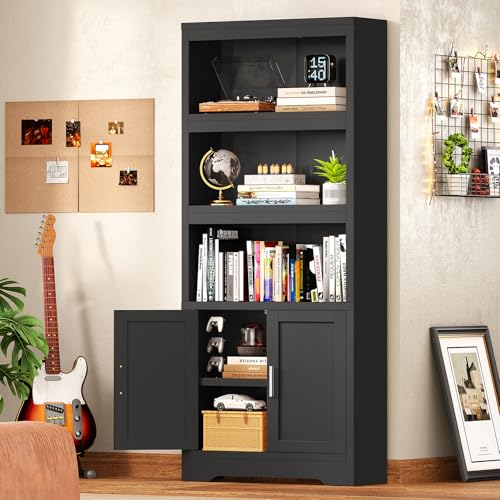 Image of Book Shelf and Bookcase with Doors, 5-Tier Display Storage Cabinet with Adjustable Shelves, Open Compartments, Remote Control LED Lights, Tall cabinet for Bathroom Kitchen Living Room, Home Office